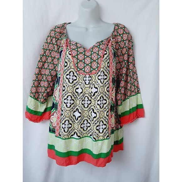 Crown & Ivy pink green peasant medium lace blouse - Picture 1 of 4
